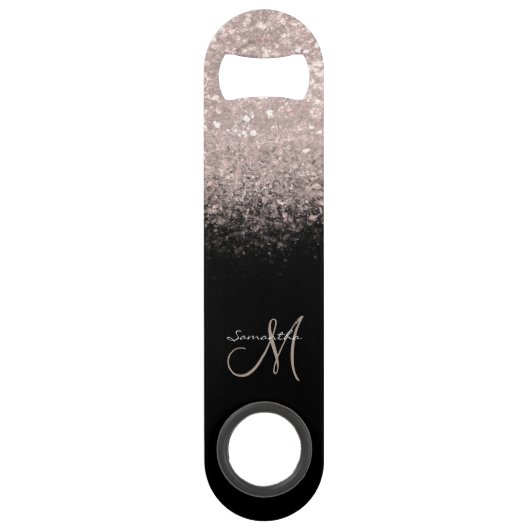 Elegant Monogram Roos Gold Glitter & Black Bar Key Speed Flessenopener (Voorkant)