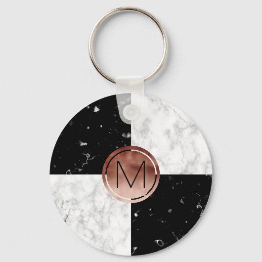 Elegant monogram roos gouden zwarte witte marmer sleutelhanger (Voorkant)