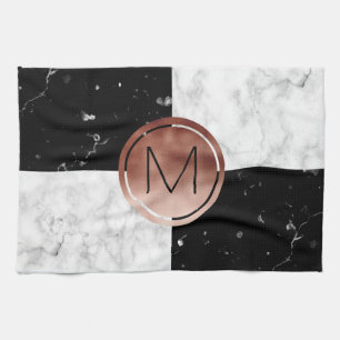 Elegant monogram roos gouden zwarte witte marmer theedoek