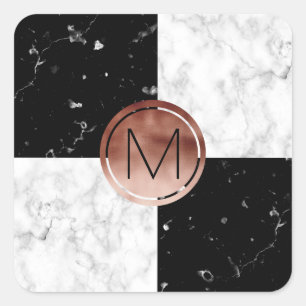 Elegant monogram roos gouden zwarte witte marmer vierkante sticker