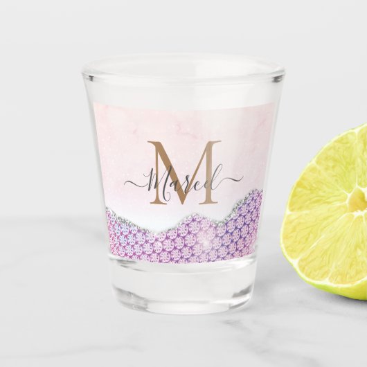 Elegant Monogram Roos roze Glitter Shot Glas (Voorkant)