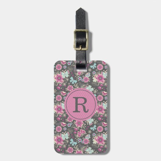 Elegant Monogram Roze Floral Bagagelabel (Voorkant verticaal)