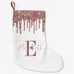 Elegant Monogram Roze Gouden Glitter Druppels Wit Kleine Kerstsok