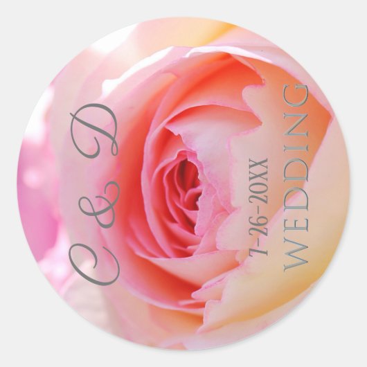 Elegant. Monogram roze met geel bruiloft Roos Ronde Sticker (Voorkant)