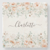 Elegant Monogram Rustiek Roos Bloemengroen Stenen Onderzetter (Voorkant)