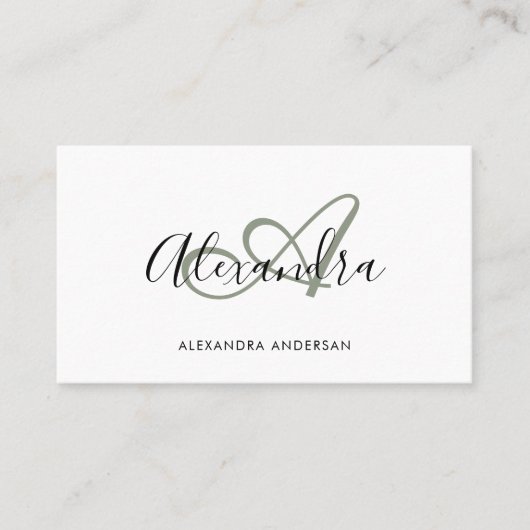 Elegant Monogram Sage Groen Zwart Script Naam Visitekaartje (Voorkant)