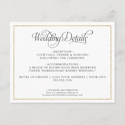 Elegant Monogram Schrift Gouden Trouwdetails Informatiekaartje (Voorkant)