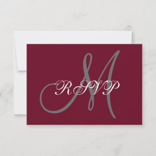 Elegant Monogram Script Bourgondië Grijs Bruiloft RSVP Kaartje