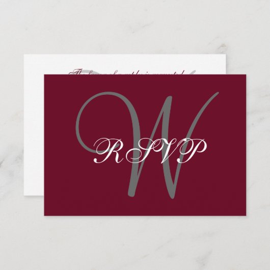 Elegant Monogram Script Bourgondië Grijs Bruiloft  RSVP Kaartje (Voorkant / Achterkant)