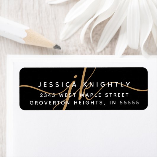 Elegant Monogram Script Initialen Black Gold Moder Etiket (Insitu)