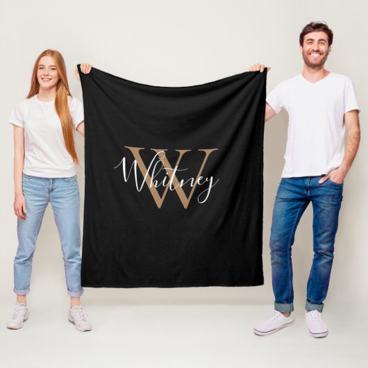 Elegant Monogram Script Name Gold Black Fleece Bl Deken (In situ)