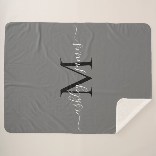 Elegant Monogram Script Namen Zwart Grijs Pas getr Sherpa Deken (Voorkant (horizontaal))