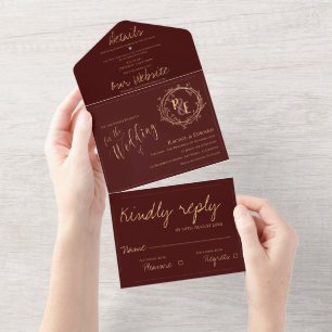 Elegant Monogram Script Red Gold Wreated Weddensch All In One Uitnodiging