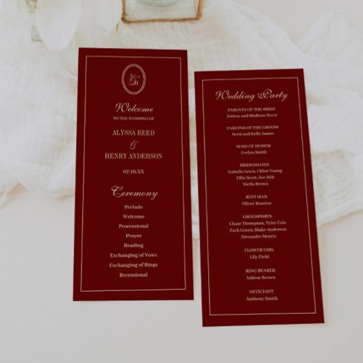 Elegant Monogram Script Wine Red Wedding Ceremony Programma