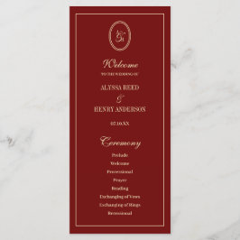 Elegant Monogram Script Wine Red Wedding Ceremony Programma