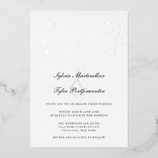 Elegant Monogram Silver Black Wedding Folie Uitnodiging (Voorkant)