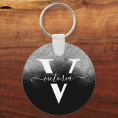 Elegant Monogram Silver Glitter Girly Black Aangep Sleutelhanger (Voorkant)