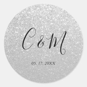 Elegant Monogram Silver Glitter Wedding Ronde Sticker