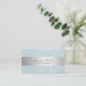 Elegant Monogram Silver Stripe Blue Linen Visitekaartje (Staand voorkant)