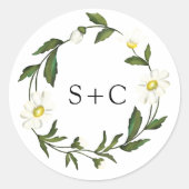 Elegant Monogram Simple White Daisy Floral Wedding Ronde Sticker (Voorkant)