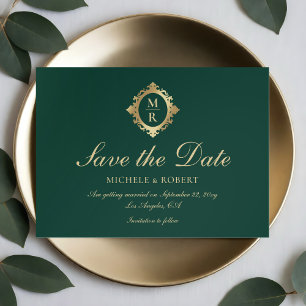 Elegant Monogram Smaragd Groen Goud Bruiloft Save The Date