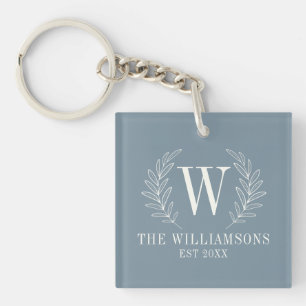 Elegant Monogram Stoffig Blauw Familienaam Sleutelhanger
