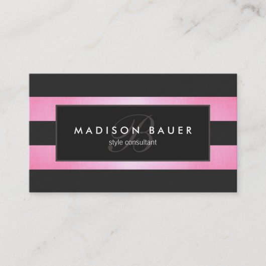 Elegant Monogram Striped Black en Roze Salon Visitekaartje (Voorkant)