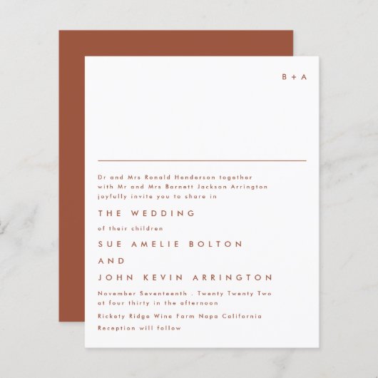Elegant Monogram Terracotta Budget Wedding Invite (Voorkant / Achterkant)