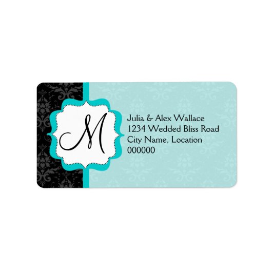 Elegant Monogram Turquoise Damask Etiket (Voorkant)