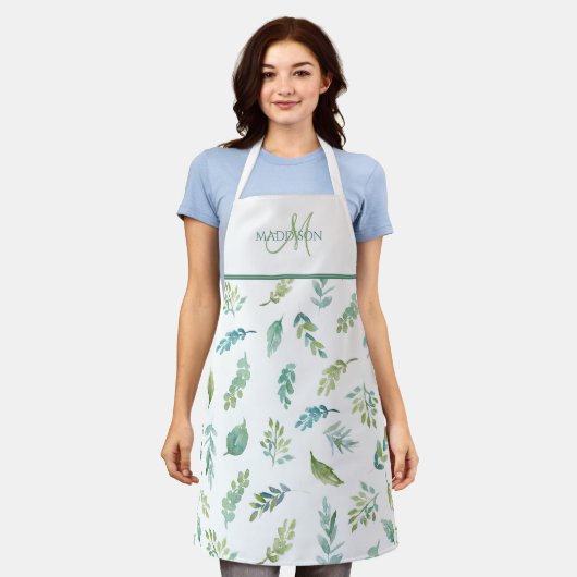 Elegant Monogram, Turquoise en Green Leaf Pattern Schort (Gedragen)