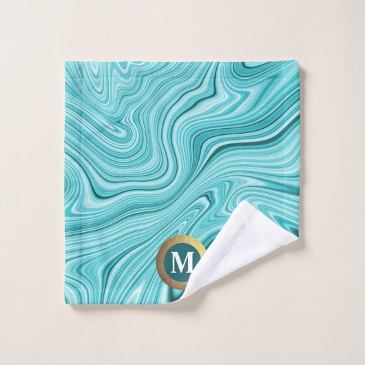 Elegant monogram turquoise vloeibare marmer bad handdoek (Wasdoekje)