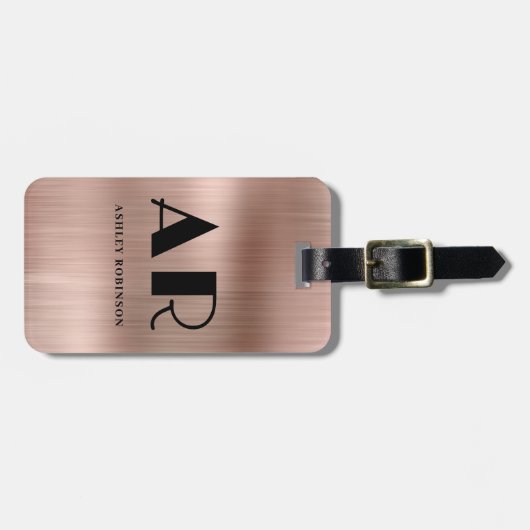 Elegant Monogram Vet Twee Initialen Roos Gold Meta Bagagelabel (Voorkant horizontaal)