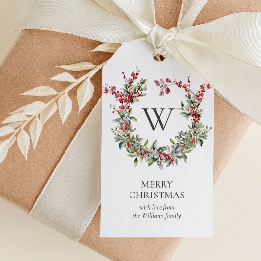 Elegant Monogram Vrolijk Kerstfeest Vakantie krans Cadeaulabel