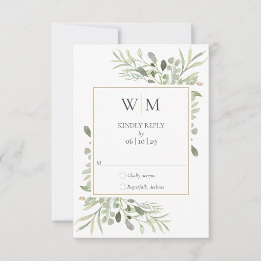 Elegant Monogram Waterverf Groen Bruiloft RSVP Kaartje (Voorkant)