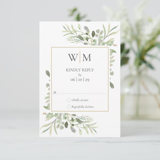 Elegant Monogram Waterverf Groen Bruiloft RSVP Kaartje (Staand voorkant)