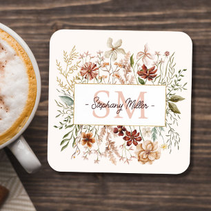 Elegant Monogram Waterverf Herfst Wilde Bloem Bloe Bier Onderzetter