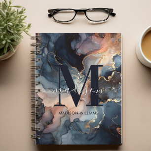Elegant Monogram Waterverf Marmer Roze Blauw Girly Notitieboek