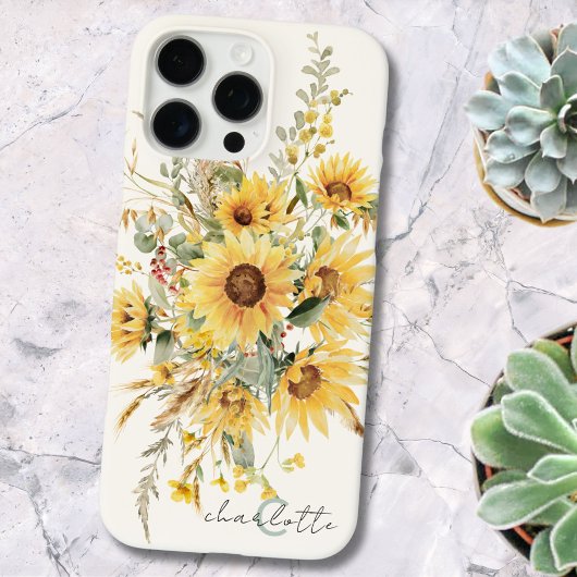 Elegant Monogram Waterverf Zonnebloem Boeket Case-Mate iPhone Case
