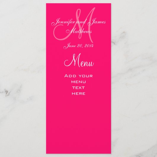 Elegant Monogram Weddenschap Menu Kaarten Hot Pink (Voorkant)
