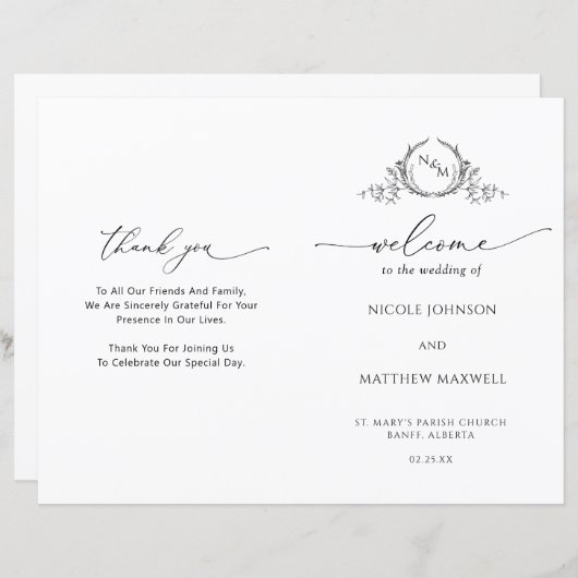 Elegant Monogram Wedding Folded Program (Voorkant / Achterkant)