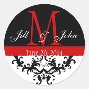 Elegant Monogram & wervelingen Rood Zwart Bruiloft Ronde Sticker