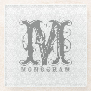 Elegant Monogram White en Gray Damaskers Glazen Onderzetter