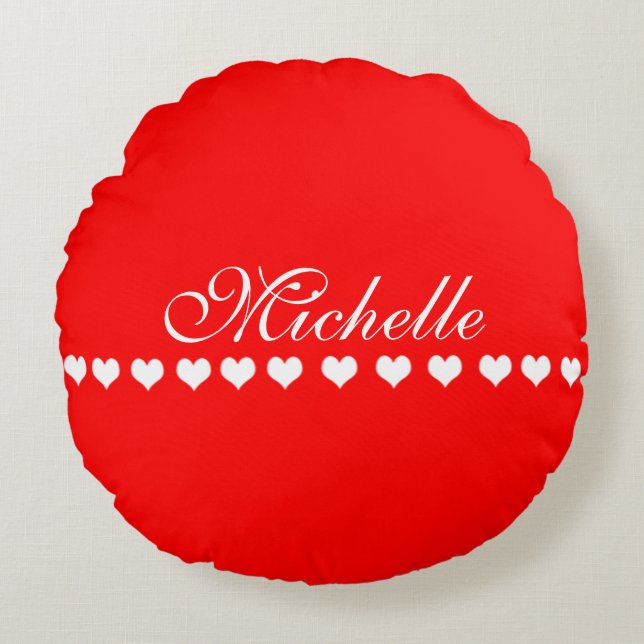 Elegant Monogram White Hearts Red Rond Kussen (Voorkant)