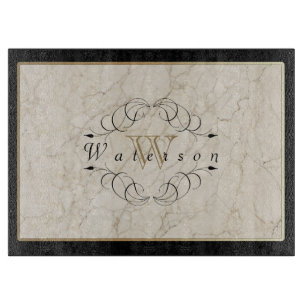 Elegant Monogram White Marble Ornament Gold Black Snijplank