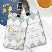 Elegant Monogram White Roses Green Leaves Diamond Bagagelabel