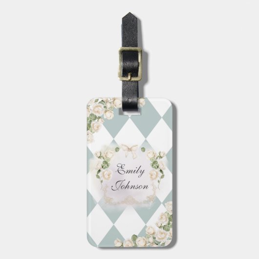 Elegant Monogram White Roses Green Leaves Diamond Bagagelabel (Voorkant verticaal)