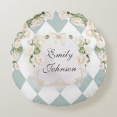 Elegant Monogram White Roses Green Leaves Diamond Rond Kussen (Voorkant)