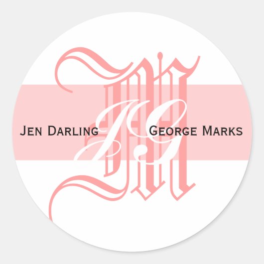 Elegant Monogram Wit en Roze Bruiloft Sticker (Voorkant)