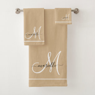 Elegant Monogram Wit Script Naam Tan Bad Handdoek