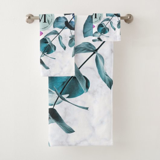 Elegant monogram witte marmer eucalyptus folia bad handdoek (Insitu)